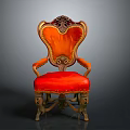 Classical Single Chair with Ornate Carved Wooden Frame and Vibrant Red Orange Upholstered Seat