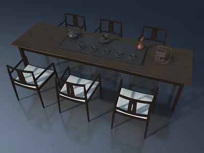 Dark Wooden Hinged Door For Dining Space With Long Table And Six Chairs 3d model