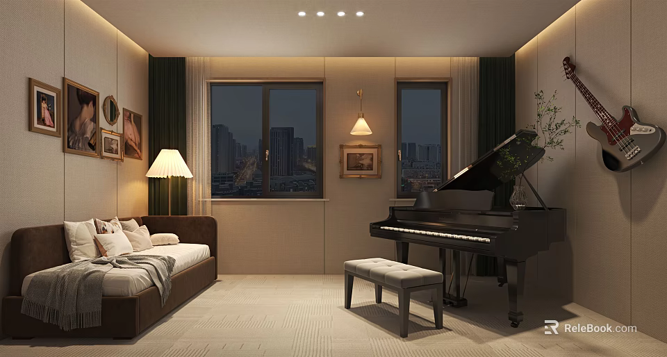 Modern Piano Room Interior With Grand Piano And City View 3d model 