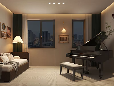 Modern Piano Room Interior With Grand Piano And City View 3d model