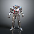 Standing Humanoid Mech Robot With Silver Red Metallic Armor And Helmet Design