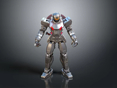 Standing Humanoid Mech Robot With Silver Red Metallic Armor And Helmet Design 3d model