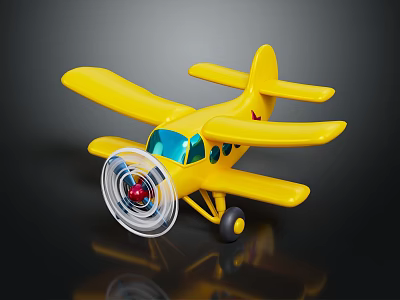 Yellow Toy Passenger Airplane With Propeller Blue Windows Yellow Wings Tail And Black Background Reflection 3d model