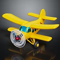 Yellow Toy Passenger Airplane With Propeller Blue Windows Yellow Wings Tail And Black Background Reflection