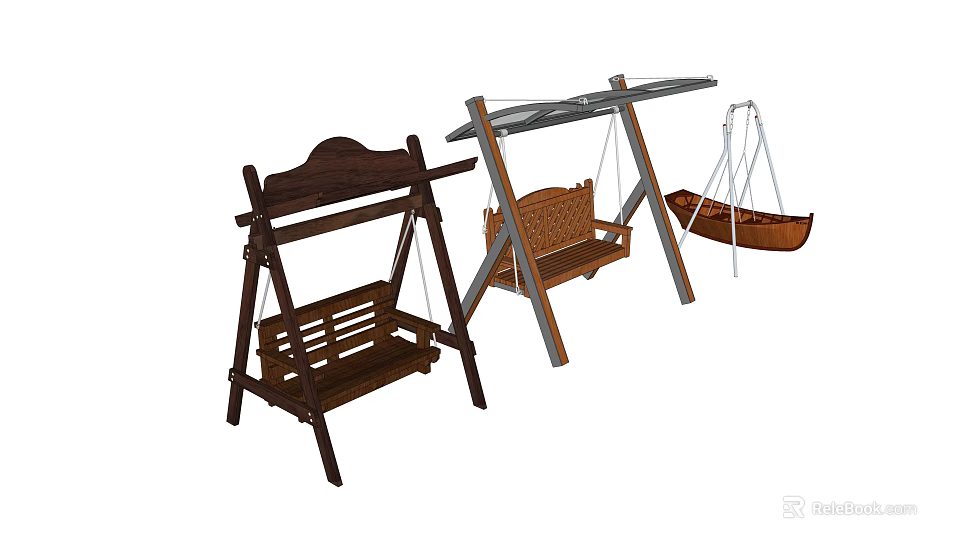 Outdoor Playground Equipment With Wooden Swings Canopy Design And Boat Shaped Seats 3d model 