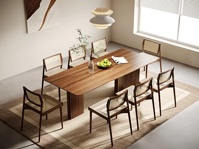 Modern Wooden Dining Table Set With Six Chairs Pendant Light And Decorative Fruit Bowl 3d model