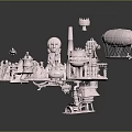 Pink Fantasy Architecture 3D Model Featuring Towers Airship Mechanical Structures And Miniature Design