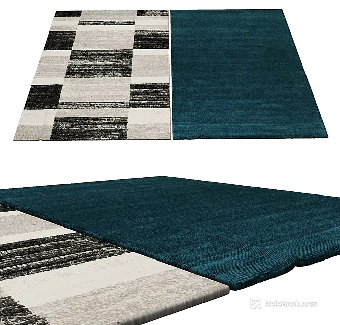 Stylish Square Rugs With Black White Gray Striped And Teal Blue Patterns 3d model 