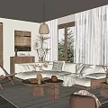 Modern medieval living room with main lamp large flat sofa bed coffee table combination three-person sofa 3d model