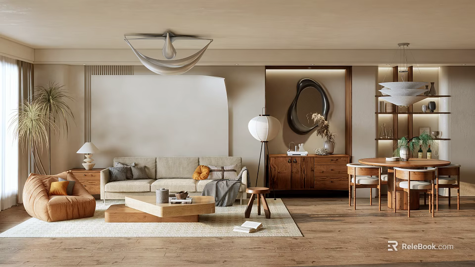 Modern Living and Dining Room Interior With Sofa Coffee Table Chandelier And Dining Chairs 3d model 