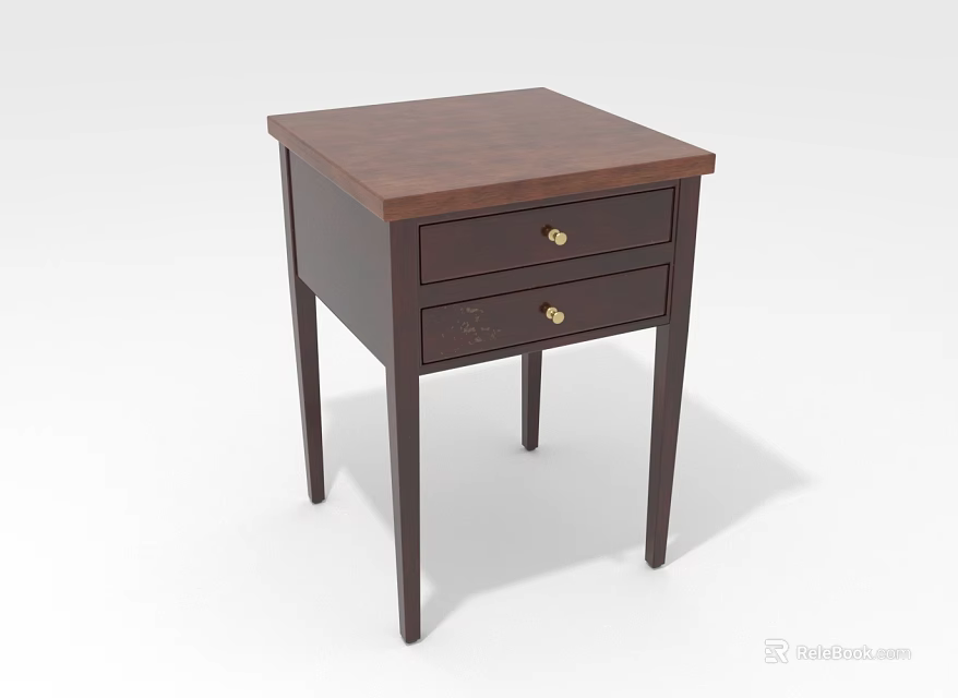 Classic Wooden Nightstand With Square Top And Two Drawers Featuring Metal Handles 3d model 