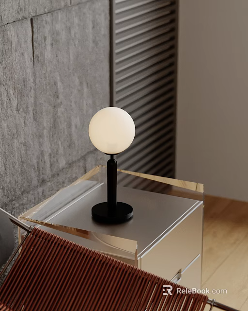 Modern Round Globe Table Lamp With Black Base On Transparent Acrylic Shelf Against Gray Wall 3d model 