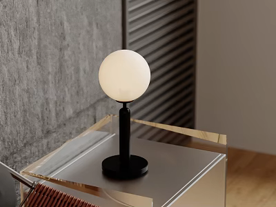 Modern Round Globe Table Lamp With Black Base On Transparent Acrylic Shelf Against Gray Wall 3d model