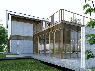 Modern Homestay Building Featuring Glass Curtain Walls Gray Stone Walls Greenery And Lawn 3d model