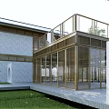 Modern Homestay Building Featuring Glass Curtain Walls Gray Stone Walls Greenery And Lawn