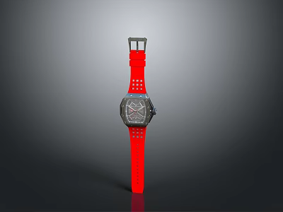 Stylish Red Strap Watch With Square Dial And Metallic Case Design 3d model
