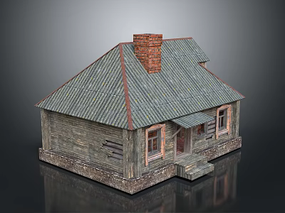 Rustic Wooden House With Gray Roof Red Brick Chimney Windows Porch And Steps 3d model