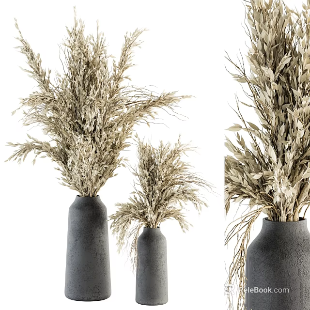 Stylish Minimalist Natural Dried Flowers Decorative Ornament Set with Black Vases 3d model 