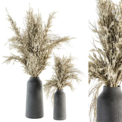 Stylish Minimalist Natural Dried Flowers Decorative Ornament Set with Black Vases 3d model