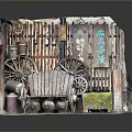 Rustic Vintage Wooden Bench With Old Wheels Buckets Tools And Signs