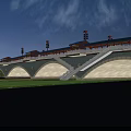Chinese style Arched Bridge with Pavilions and Lanterns over Calm Water with Ducks and Riverside Plants