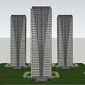 Modern High Rise Buildings With Glass Facades Golden Stripes And Trees Under Clear Sky