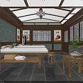 Traditional Chinese Massage Room Interior With Wooden Beams Massage Tables And Calligraphy Scrolls