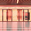 Shopping Mall Store Entrance With Glass Doors Colorful Ads Wooden Ceiling And Striped Floor