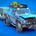 Blue Modified Off Road Car With Roof Rack Luggage And Canvas Covered Trailer