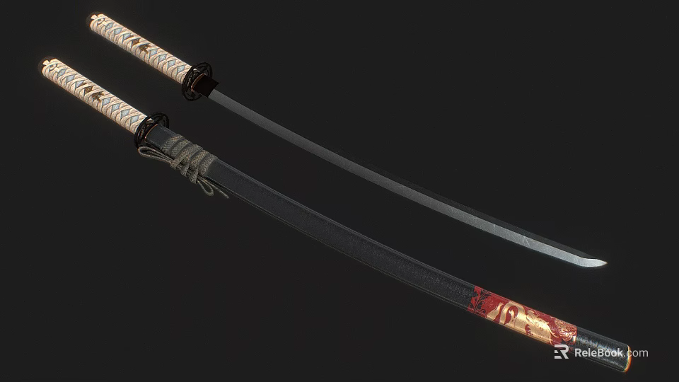 Traditional Samurai Swords With White Cord Wrapped Handles Black Scabbards Red And Gold Accents 3d model 
