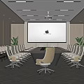 Modern Conference Room Interior With Long Table White Chairs Projection Screen Plants And City View Windows