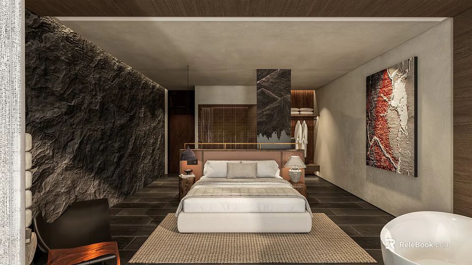 Luxurious Hotel Guest Room With Rock Wall Abstract Painting Wooden Accents And Plush Bed 3d model 