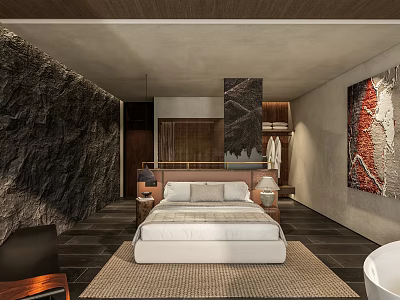 Luxurious Hotel Guest Room With Rock Wall Abstract Painting Wooden Accents And Plush Bed 3d model