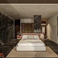 Luxurious Hotel Guest Room With Rock Wall Abstract Painting Wooden Accents And Plush Bed