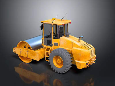 Yellow Heavy Construction Road Roller With Large Drum And Black Tires 3d model