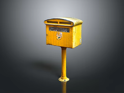 Yellow Metal Mailbox On A Sturdy Post With Small Stickers And Lid 3d model