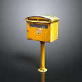 Yellow Metal Mailbox On A Sturdy Post With Small Stickers And Lid