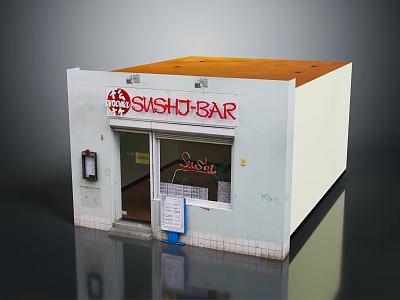 Cartoon Sushi Bar Scene With Red Sign White Building And Front Entrance Details 3d model