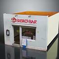 Cartoon Sushi Bar Scene With Red Sign White Building And Front Entrance Details