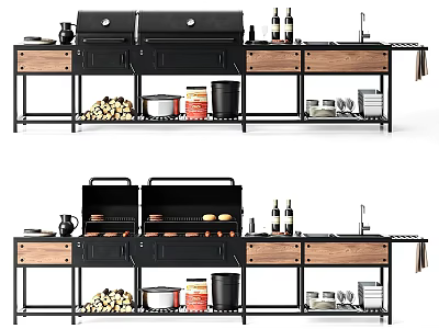 Outdoor Grill Station With Wooden Countertops Black Metal Frame Grills Firewood And Utensils 3d model