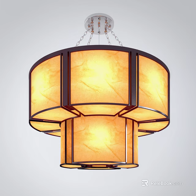 Traditional Circular Chandelier With Yellow Fabric Shade Dark Wooden Frame Layered Design 3d model 