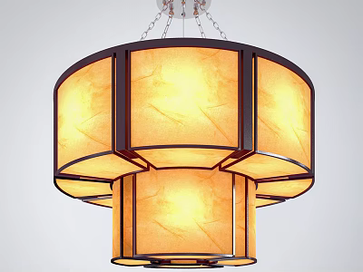 Traditional Circular Chandelier With Yellow Fabric Shade Dark Wooden Frame Layered Design 3d model