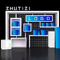 Zhutizi Themed Photo Check In Spot With Logo Display Blue Shelves And Grid Background