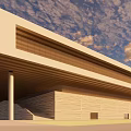 Modern Building Exterior With Striped Roof Design And Central Green Courtyard
