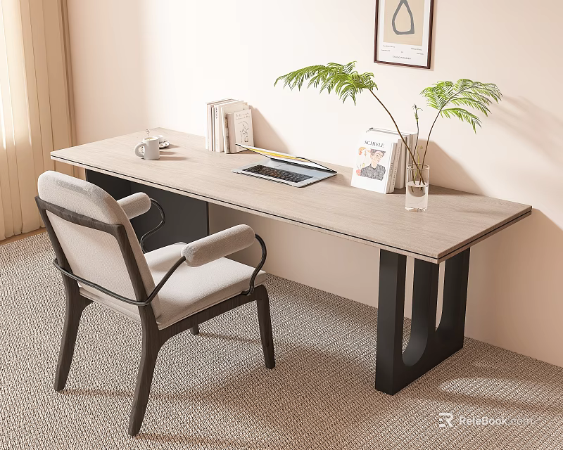Modern Home Office Desk With Chair Coffee Cup Books Tablet And Plant 3d model 