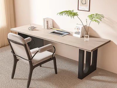 Modern Home Office Desk With Chair Coffee Cup Books Tablet And Plant 3d model