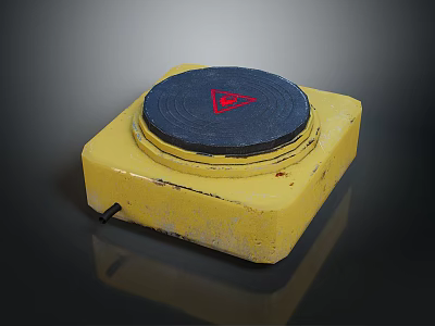 Yellow Square Base Electrical Heating Plate With Black Circular Panel And Red Triangular Warning Sign 3d model