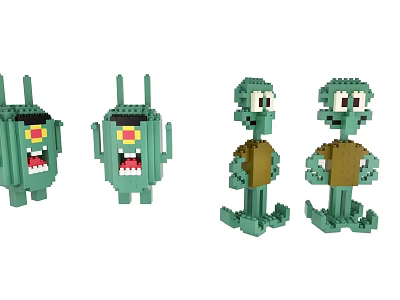 Cute Green Building Block Dolls With Four Different Character Designs 3d model