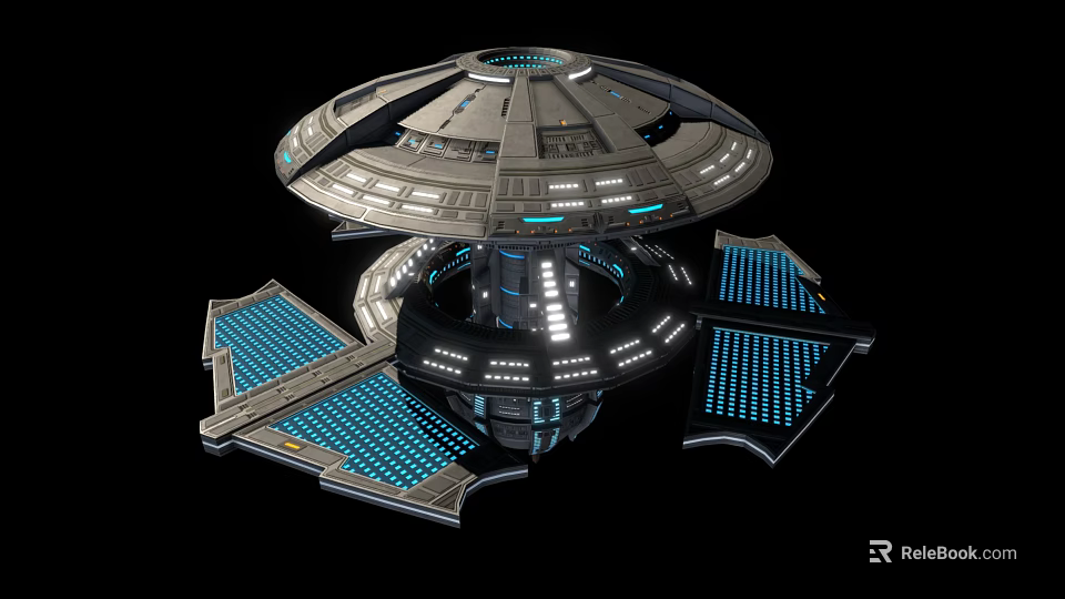 Futuristic Space Station Structure With Disc Shaped Design And Blue Illuminated Panels 3d model