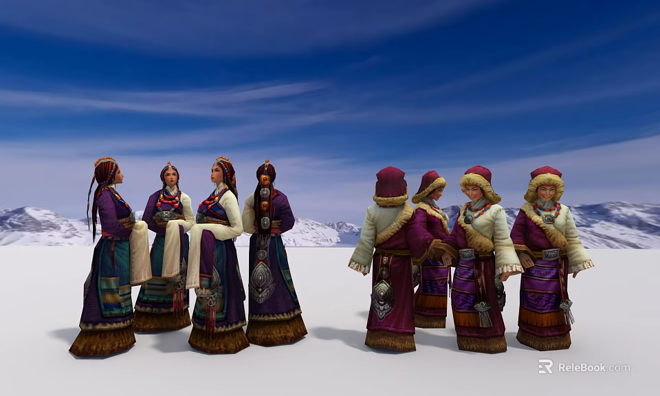 Group of People Wearing Colorful Traditional Clothing Standing in Snowy Environment 3d model 